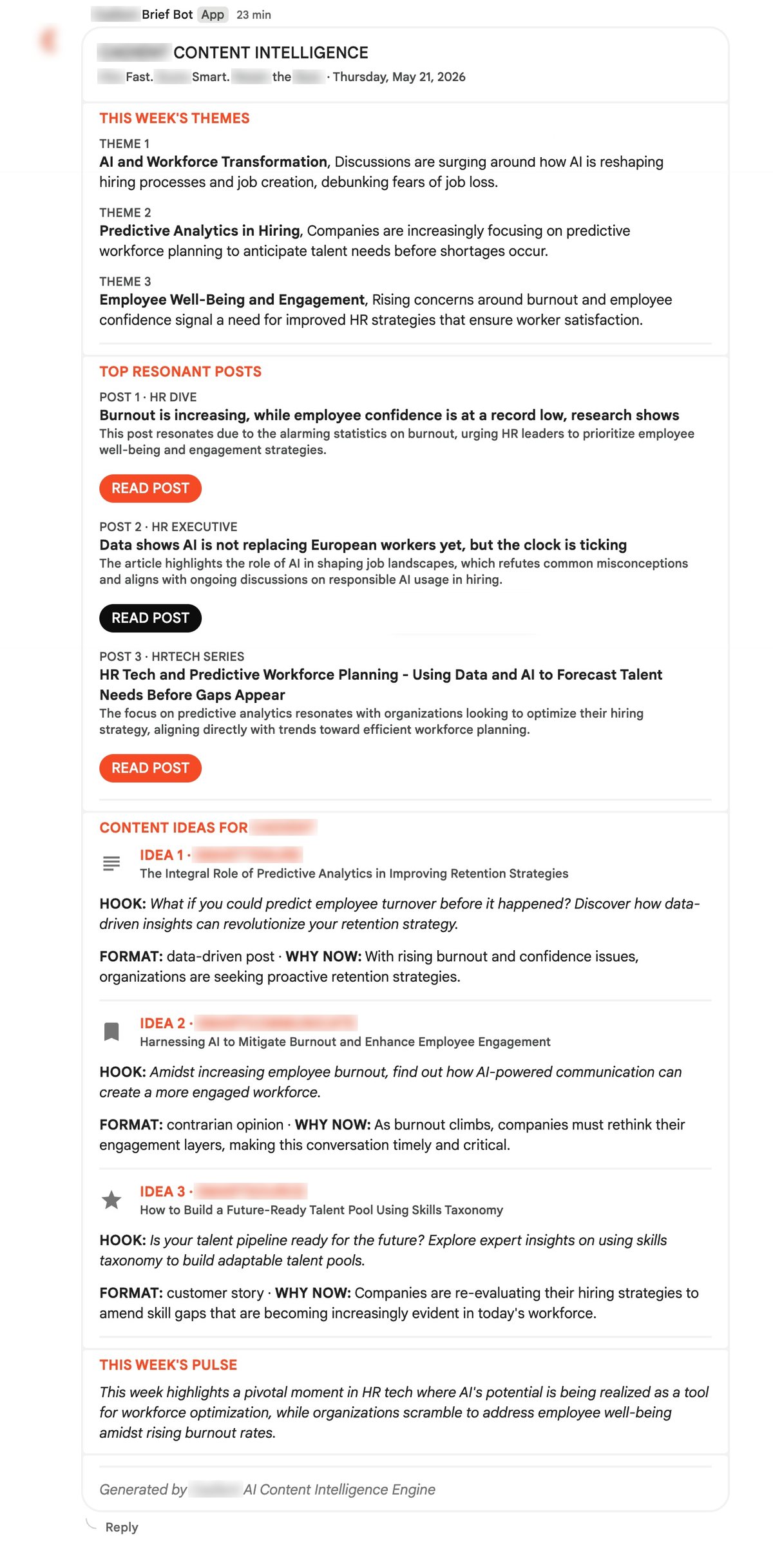 Sample content intelligence brief with client and product names blurred, showing weekly themes, top resonant posts and content ideas