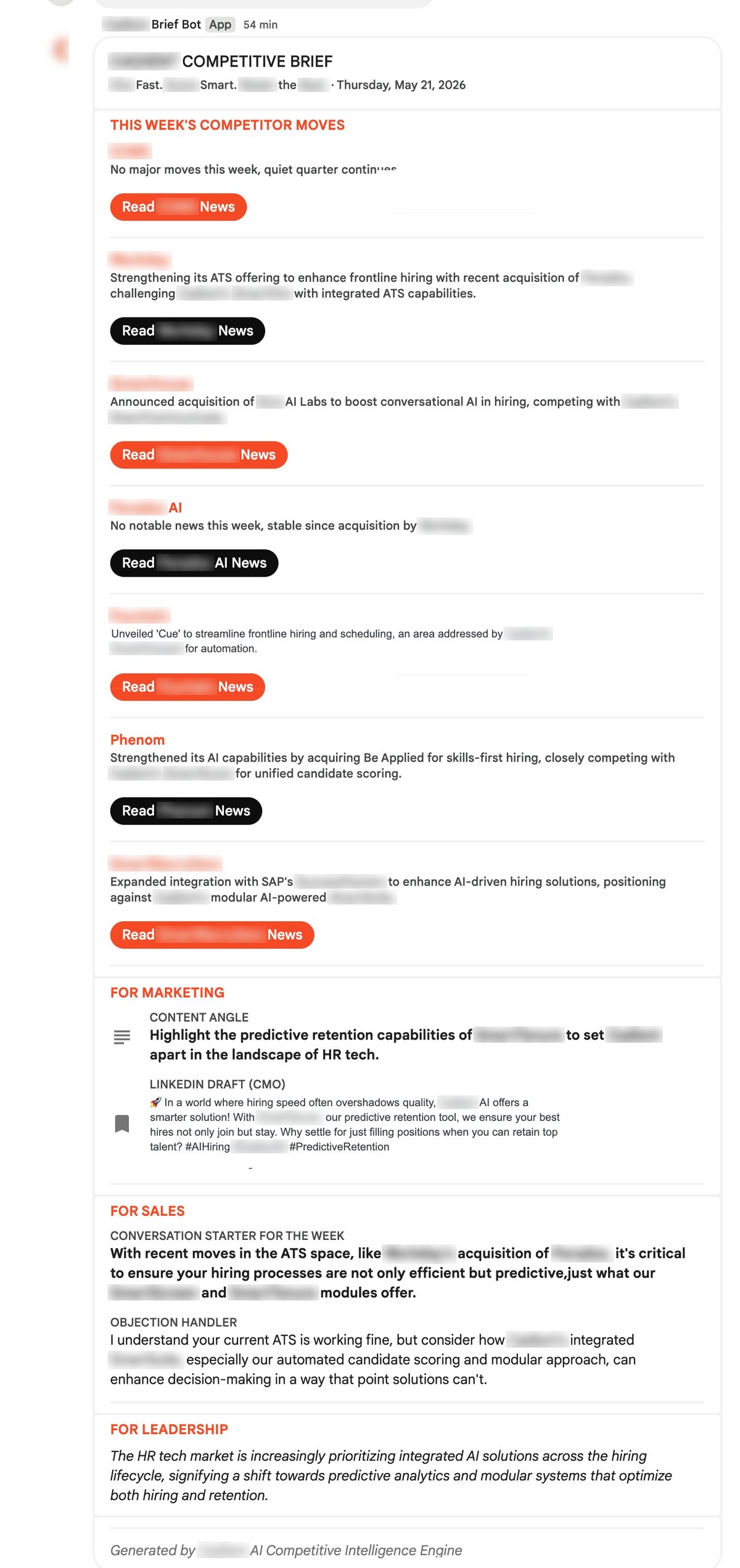 Sample competitive intelligence brief with client and competitor names blurred, showing competitor moves and intel routed for Marketing, Sales and Leadership
