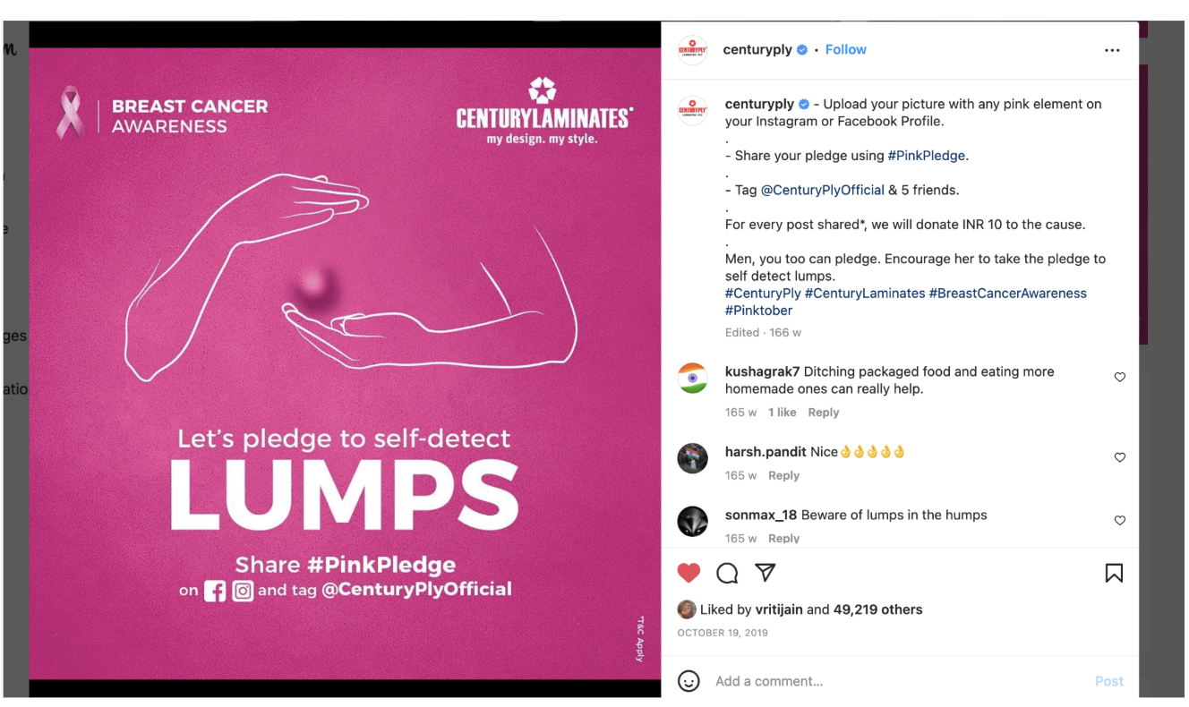 PinkPledge launch post, 49,219 likes