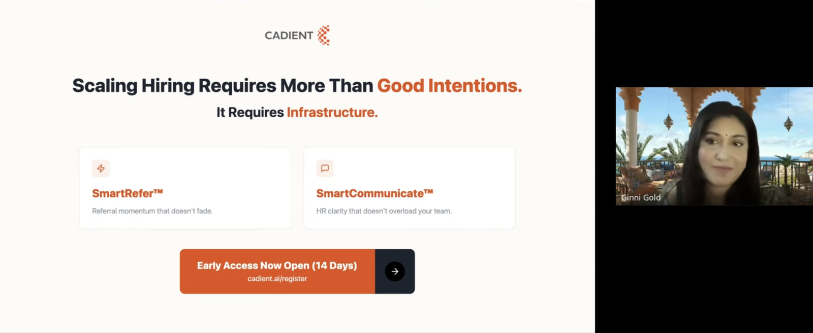 Cadient launch webinar slide reading Scaling Hiring Requires More Than Good Intentions